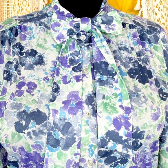 Vintage Blue Purple Green Floral Secretary Necktie Blouse Size L - Picture 3 of 13